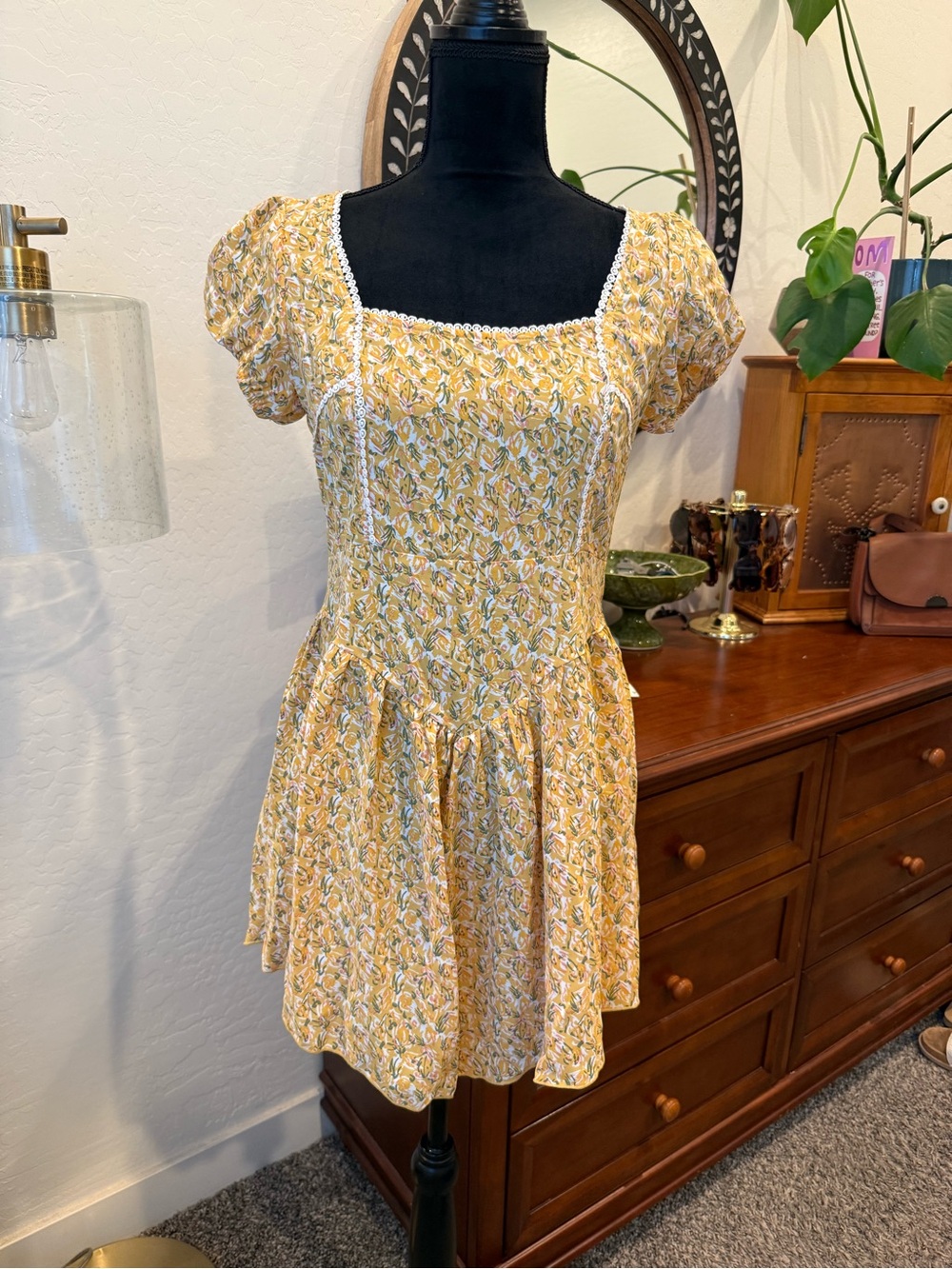 Cider Yellow Floral Drop waist Square-Neck Mini Dress with Lace Trim